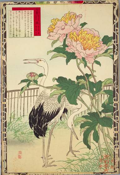 A Japanese woodblock print of peonies and a crane
