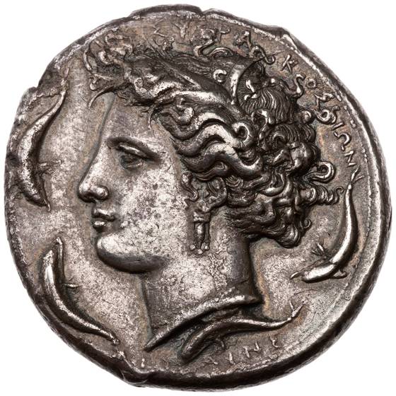A silver decadrachm of Syracuse, Arethusa among dolphins