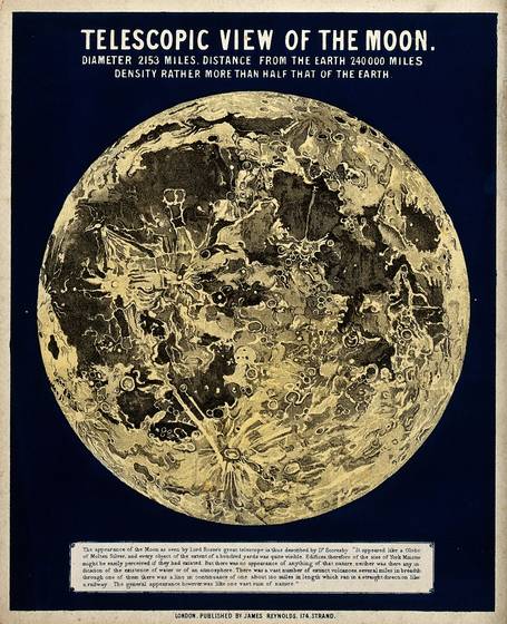 An engraving of the moon's surface seen through a telescope