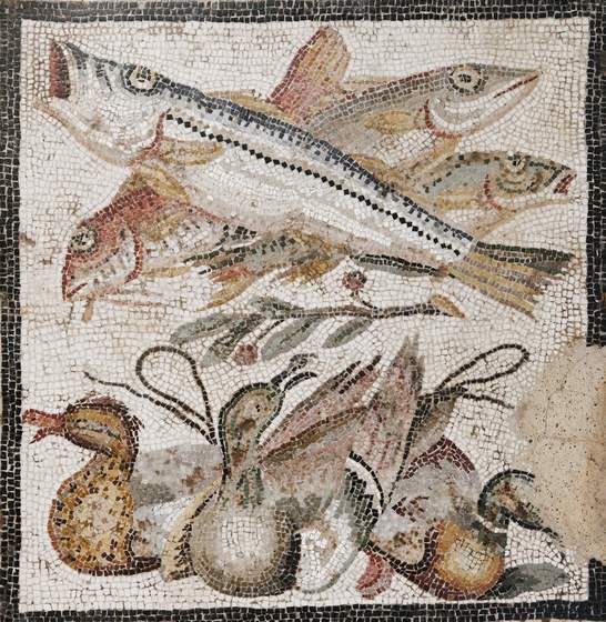 A Pompeian mosaic of fish and ducks